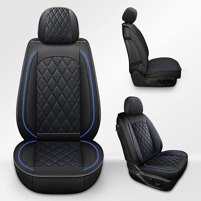 MIROZO Front Ram Seat Covers, Leather Truck Seat Covers Waterproof Car Seat Protector Compatible with 2009-2026 RAM 1500/2500/3500 Crew Quad Cab Pickup Cushions (2 PCS Front,Black and Blue)