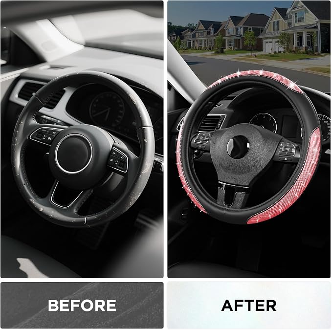 Road Comforts Pixel Glitter Steering Wheel Cover, 14.5–15 Inch Leather Steering Wheels Snug Fit, Anti-Slip Leather Grip, Elegant Sparkle Design, Universal Fit - Pink