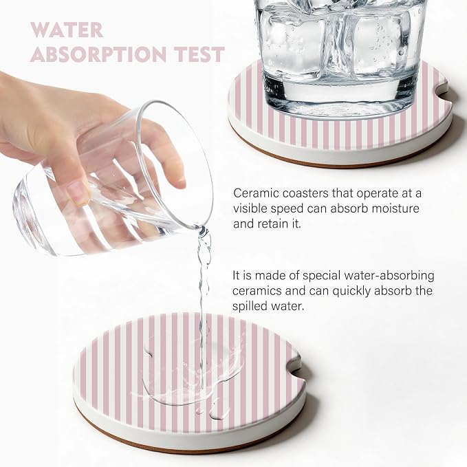 2 Pack Car Coasters for Cup Holders, Absorbent Ceramic Cup Coaster with Cork Base and Finger Notch, Cute Car Accessories Interior for Women Men
