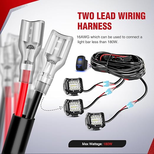 Nilight 16AWG LED Light Bar Wiring Harness Kit 12V On Off 5Pin Rocker Switch Laser Waterproof Toggle Power Relay Blade Fuse for Cars Boat ATV Trucks - 3 Leads Bule