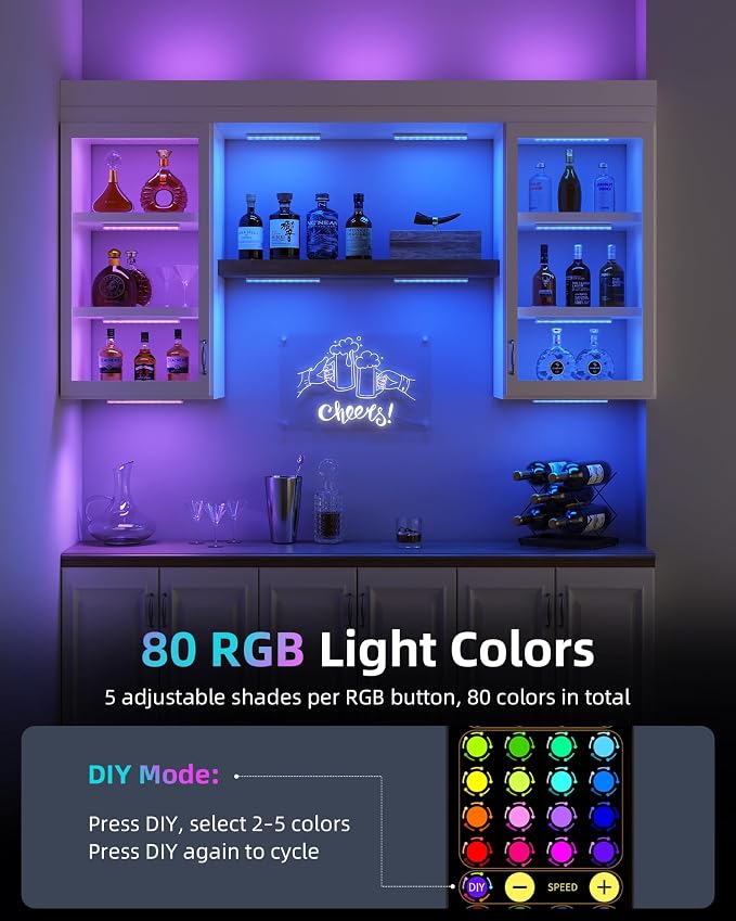 EZVALO 80 RGB Color Changing Under Cabinet Lighting Wireless, 1800mAh Rechargeable Shelf Lights, Timer & Dimmable, Magnetic, Bar Light with Remote for Kitchen, Cabinet, Display Case, 8Pack