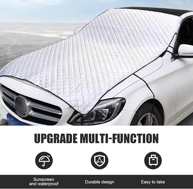 Shakas Car Half Car Cover Sunshade, Sunscreen Heat Insulation Thickened Wind Resistant Front Windshield Hood Sunshade, Four Seasons Universal Accessory, Suitable for Most Sedans, SUVs, MPVs (Silver)