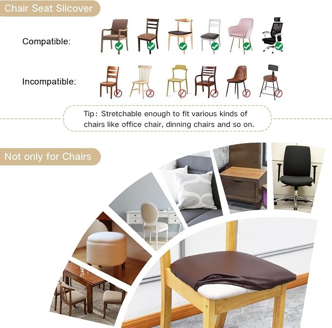 Leather Stretch Chair Seat Covers with Elastic Ties,Waterproof Dining Room PU Leather Chair Cover Seats,Removable Washable Chair Protector Seat Cushion Slipcovers for Home,Kitchen (Coffee, 4 PCS)