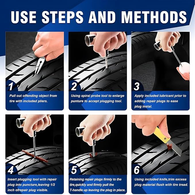BESULEN Tire Repair Kit, 46 Pcs Heavy Duty Tire Plug Kit to Fix Punctures, Car Emergency Tool, Universal Plug Flats Patch Kit for Motorcycle, Truck, Tractor, Trailer, RV, SUV, ATV. Car Accessories
