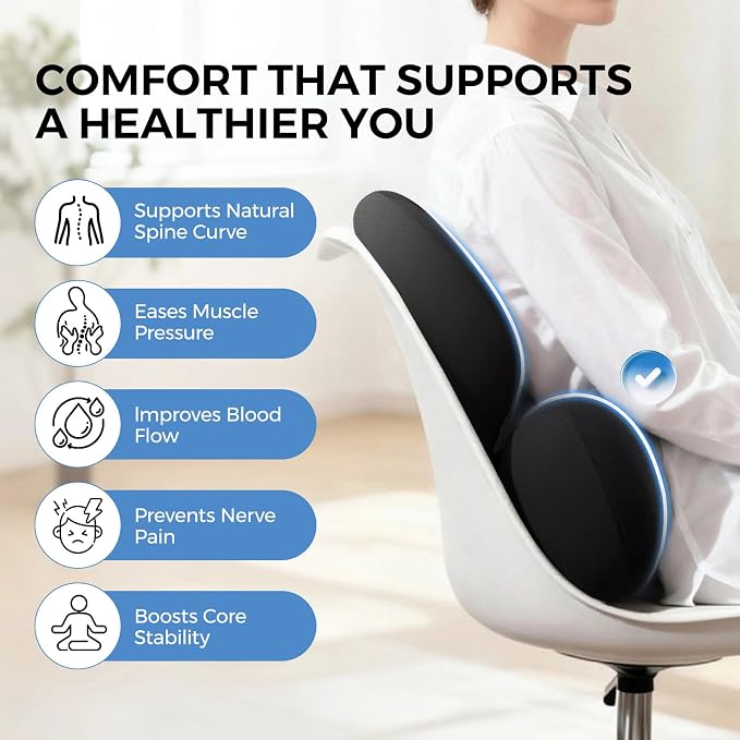 BEBAS Ergonomic Memory Foam Lumbar Support Pillow for Car, Black | Zoned Pressure Relief for Back Support, Lumbar Cushion with Fixed Ring, Breathable Washable Cover, Fits for Driving & Office