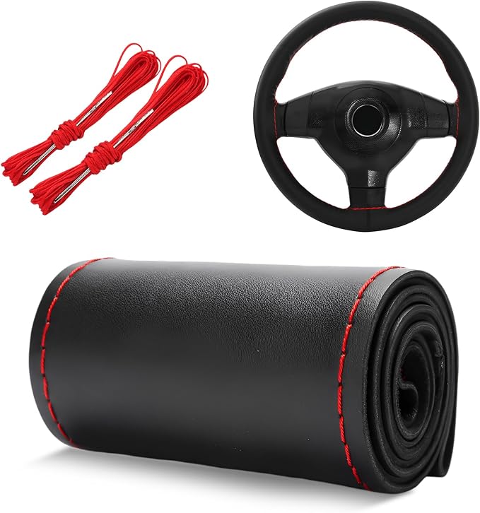 Genuine Leather Steering Wheel Cover, 15 Inch Stitch on Wheel Wrap with Needles & Threads, Breathable Steering Wheel Protector DIY Sewing Wrap for Car Truck SUV (Black & Red, Glossy)