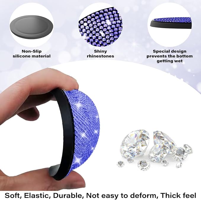 BFXM 4 PCS Bling Cup Holder Coaster, 2.75 inch Diamond Universal Non-Slip Silicone Cup Holder Coasters, Sparkly Bling Car Accessories for Women (Blue)
