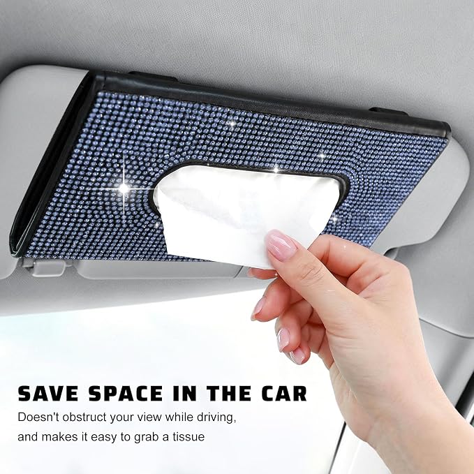 Bling Car Sun Visor Tissue Box Holder, Sparkling Auto Sun Visor Napkin Box Mask Holder, PU Leather Glitter Rhinestone Backseat Paper Towel Case for Cars Trucks SUVs (Blue)