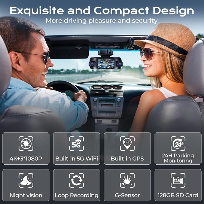 4 Channel Dash Cam, 4K Front Rear and Inside Dash Camera for Cars, 360° View, Free 128GB Card Included, 5GHz WiFi, GPS, APP Control, 24/7 Parking Mode, 8 IR Night Vision Lights, G-Sensor