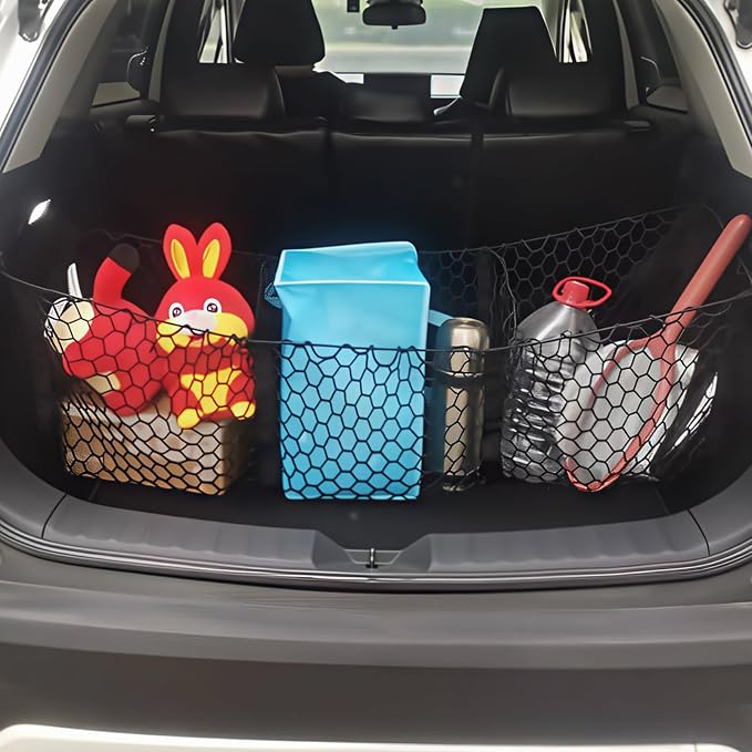 BAILALIBO 3-Pocket Cargo Net with Metal Hooks, 43.5x11.8 in | Expandable elastic net, heavy-duty for SUV/truck/pickup, secure trunk storage, stretchable organizer for exterior