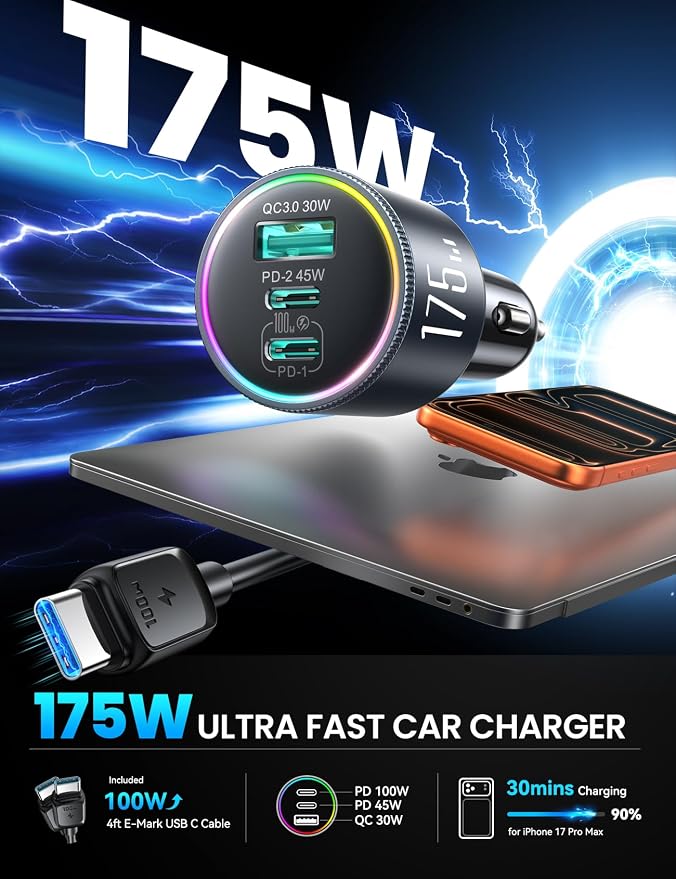 JOYROOM 175W Car Charger USB C Fast Charge, 3-Port Super Fast Car Charger | [GaN] PD100W+PD45W+QC30W, Car Cigarette Lighter USB Charger with 100W USB-C Cable for iPhone, Samsung, Pixel, MacBook, iPad