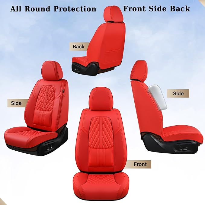 Coverado Car Seat Covers Full Set, Automotive Front and Rear Seat Covers with Backrest, Nappa Leather Car Seat Protectors Waterproof, Universal for Most Vehicles, Red