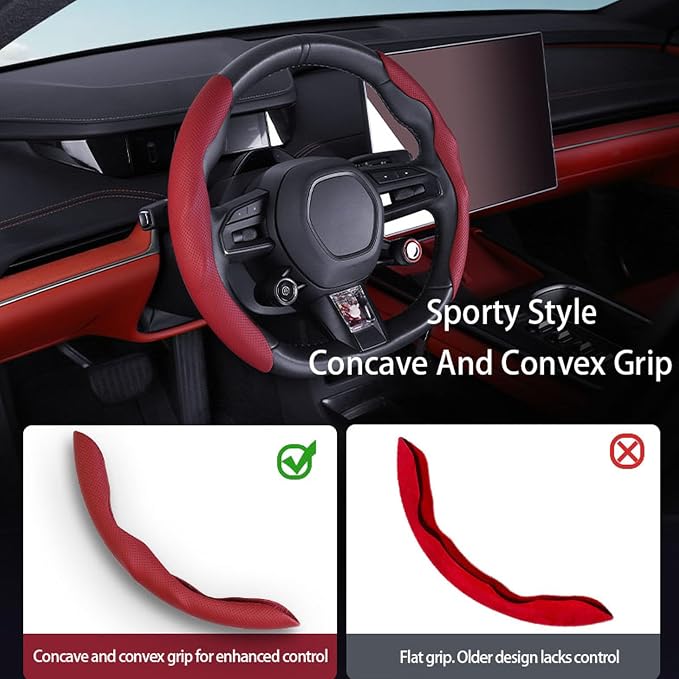 Car Steering Wheel Cover, O/D Shape, Nappa Leather, Segmented, Anti-Slip, Odorless, Breathable, for Men & Women, 14-15inch (Burgundy)