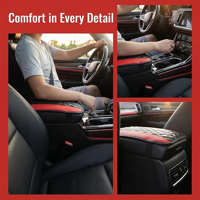 Moly Magnolia Car Center Console Cushion Pad, Universal Leather Waterproof Armrest Seat Box Cover Protector,Comfortable Car Decor Accessories Fit for Most Cars, Vehicles, SUVs (Black Red)