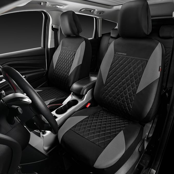 CAR PASS Quilting Leather Seat Covers Full Set,Universal Waterproof Deluxe PU Premium Car Seat Cover with 5mm Composite Sponge Inside,Airbag Compatible,Front and Rear Seat Cover for Sedan SUV Van,Gray