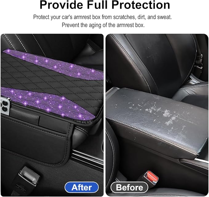 NBTEPEM Bling Purple Car Center Console Cover, Leather Middle Console Cover with 2 Storage Bags, Universal Arm Rest Cover, Bling Car Accessories Interior Fit for Most Vehicles, Purple Diamond