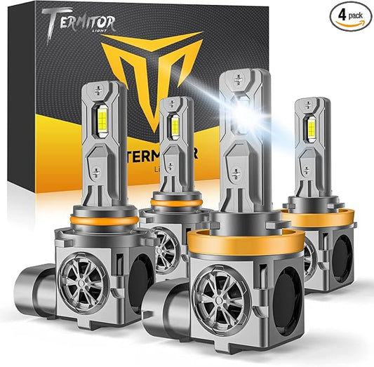 Termitor H11 9005 Powersports Headlight Assemblies, 1200% Ultra Brightness, 6500K Cool White,1:1 Mini Halogen Size, H11/H9/H8 9005/HB3 Canbus Ready Lights with Cooling Fan, Plug and Play, Pack of 4