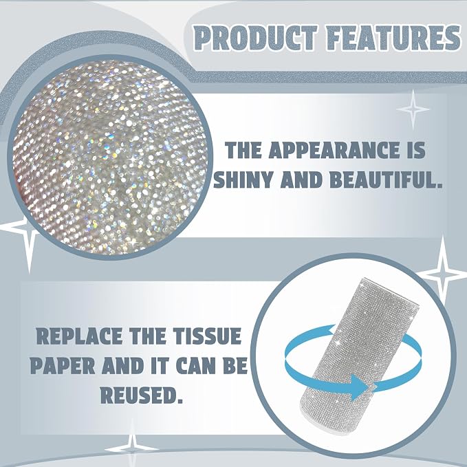 Bling Car Tissue Holder for Cup Holder – Sparkly Rhinestone Round Tissue Dispenser with 1 Pack Tissues – Fits Standard Auto Cup Holders – Stylish Car Interior Accessory for Women