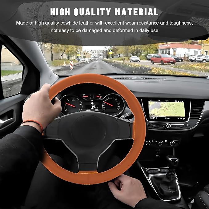 Genuine Leather Steering Wheel Cover, 15 Inch Stitch on Steering Wheel Protector with Needle & Thread, Anti-Slip DIY Sewing Wheels Wrap for Most Vehicles (Brown, Glossy)