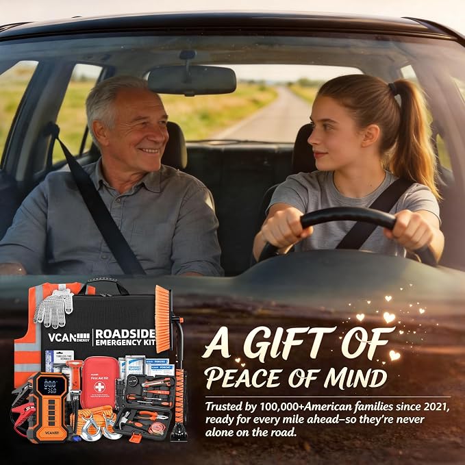 Jump Starter with Air Compressor Car Emergency Kit for Women, Men, Teen | All-in-One Car Safety Kit,First Aid Kit,Snow Brush&Ice Scraper for Winter,Car Emergency Kits for Vehicles,Road Trip Essential