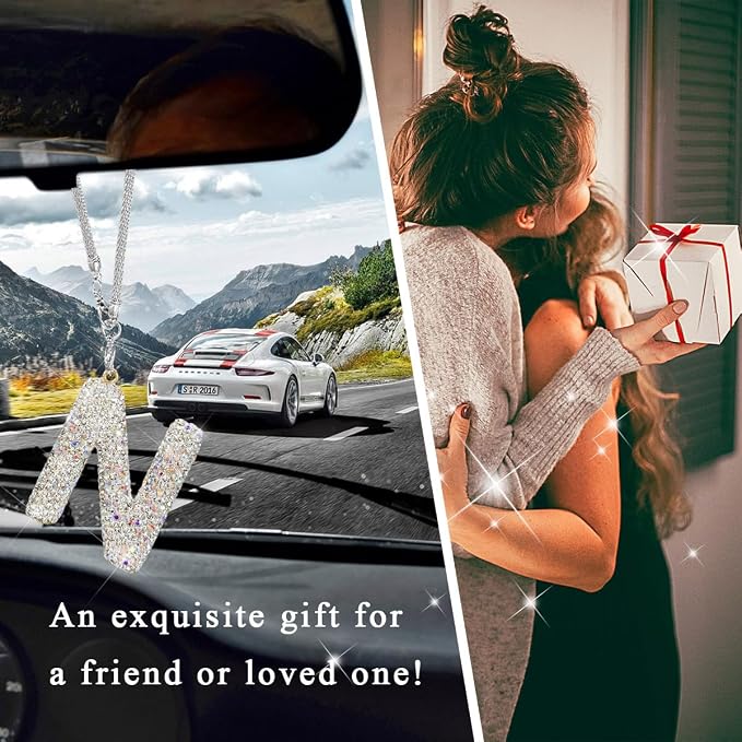 DXNQ Bling Initial Car Rear View Mirror Ornament, Crystal Sparkling Cute Letter Charm Pendant Auto Decor, Hanging Lucky Diamond Initial Charm Car Mirror Bag Ornament for Girl Women (Letter N)