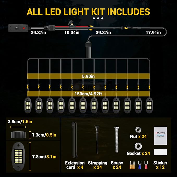 Hovano 12 Pods White Rock Light Kit with Wired Switch - 6500K Pure White LED Underglow, IP68 Waterproof, Super Bright 36 LEDs for Trailer Off Road SUV UTV ATV RZR Car