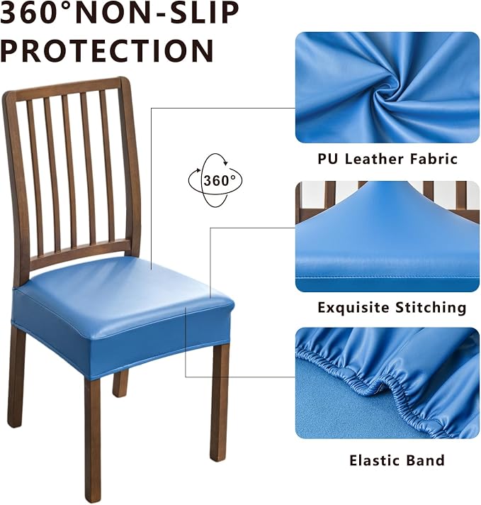 NILUOH Waterproof Seat Covers for Dining Room Chairs Set of 2, Pu Leather Chair Seat Slipcovers Dining Chair Cover Removable Washable Chair Protctor Cover, Rear Covers (PU-Dark Blue)