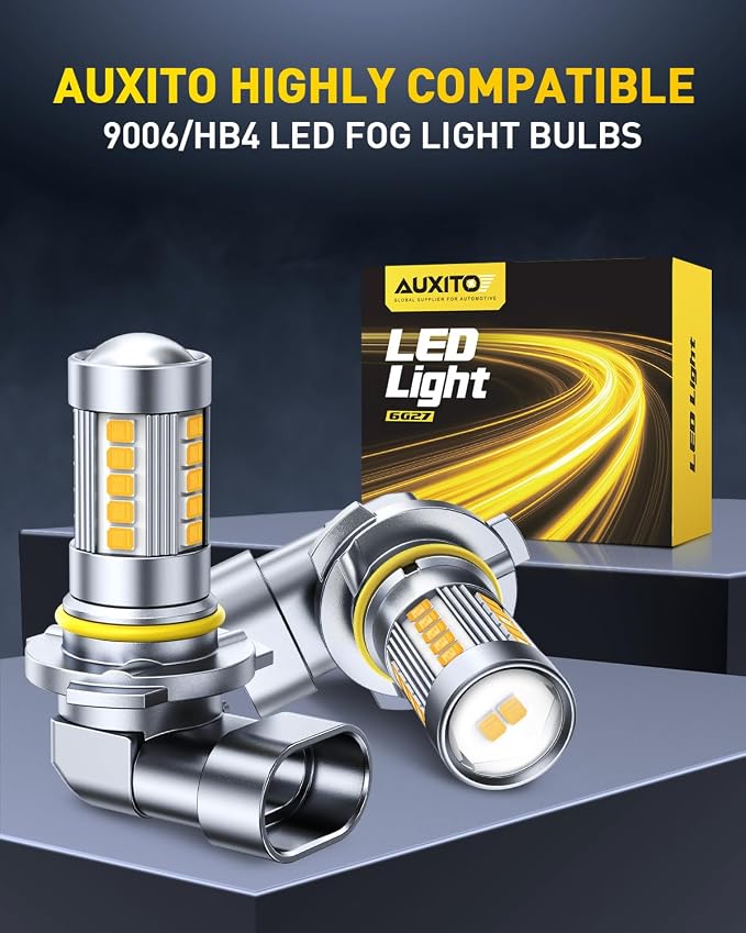 AUXITO 9006/HB4 Yellow LED Fog Light Bulbs, 13000LM 3000K Amber, 1:1 Mini Size Plug & Play, 27 CSP Chips 360° Illumination, IP68 Waterproof, Pack of 2