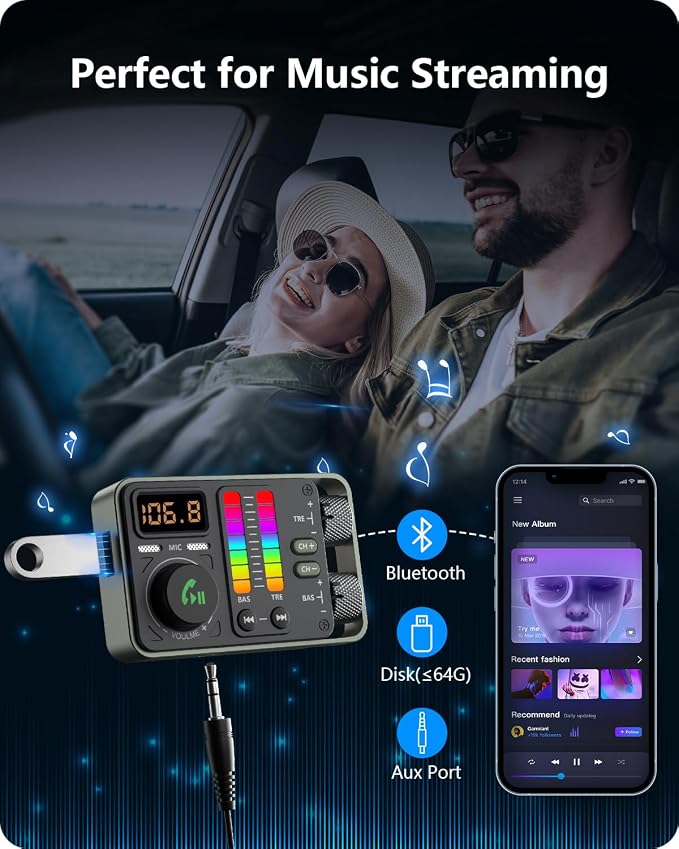 LENCENT Bluetooth Car Adapter, Bluetooth 5.3 FM Radio Transmitter | Hi-Fi Treble & Bass Music Player, PD20W and QC18W Fast Charger, Dual Mics for Hands-Free Call, U Disk/3.5mm AUX