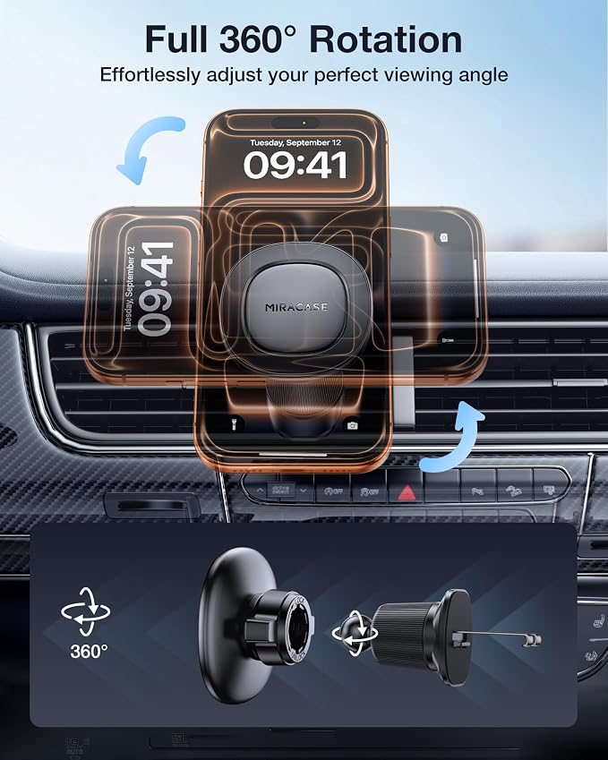 Miracase Car Phone Holder for Magsafe [Super Strong Magnets] Magnetic Phone Holders for Your Car, 360°Adjustable Air Vent Hands Free Cell Phone Mount Cradle (Matte Black, Regular)