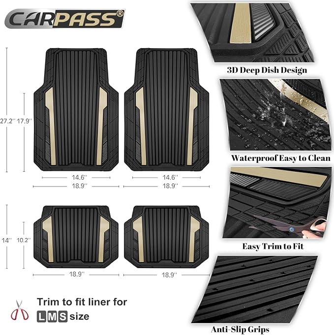 CAR PASS Heavy Duty Rubber Car Mats Metallic, Aluminum Film All Weather Floor Mats Waterproof Universal Trim to Fit for SUV Sedan Van 4 Piece Deep Dish Two-Tone Sporty Black Golden Chrome