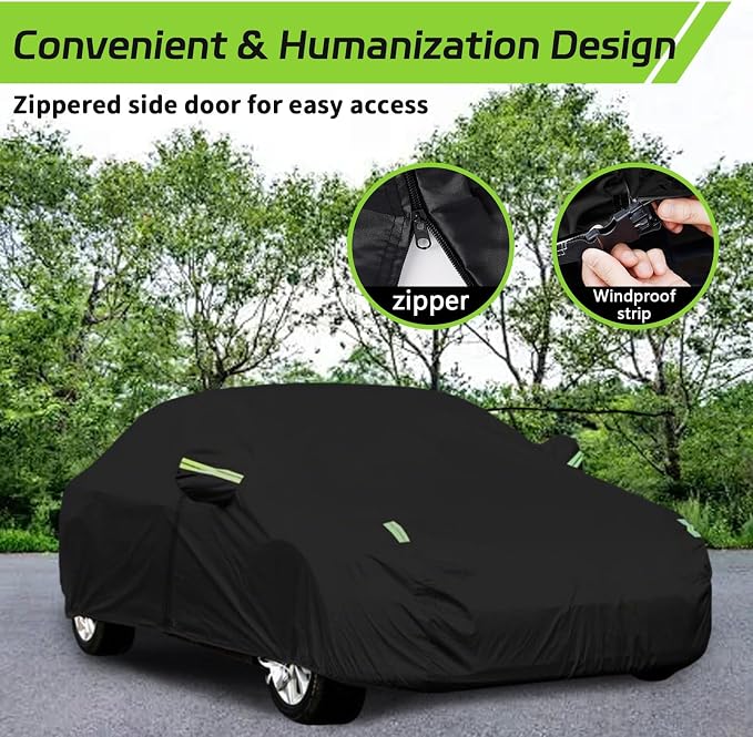 Waterproof Car Cover for Sedans 194-208 Inches, 210D Heavy Duty All Weather Auto Cover with Driver Door Zipper & Tire Straps, UV Sun Rain Snow Hail Protection