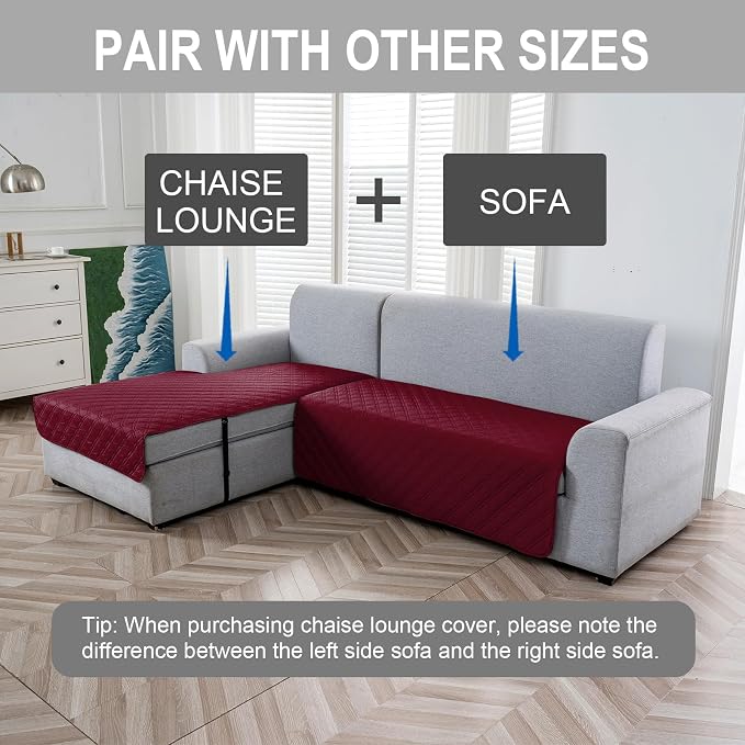 Genina L Shape Couch Cover, Sectional Couch Chaise Covers, Waterproof Washable Sofa Covers for Left L Shape Chaise Lounge, Anti-Slip Sofa Slipcovers for Dogs Cats Pet Friendly (Burgundy)