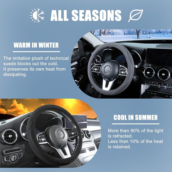 Gray Suede D Shaped Steering Wheel Cover 14.5 inch to 15 inch | Warm in Winter and Cool in Summer, Universal Felt Car Accessories, Breathable Non-Slip Sweat-Proof Wear-Resistant