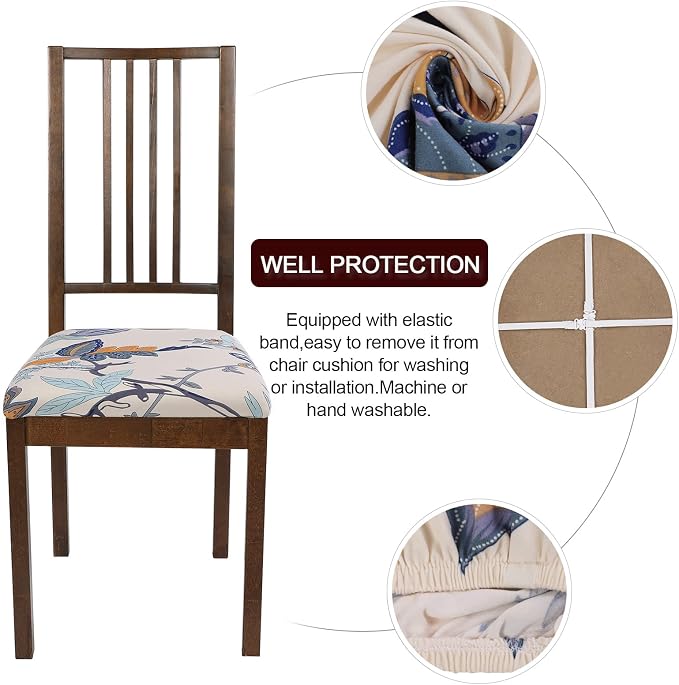 SearchI Seat Covers for Dining Room Chairs Stretch Printed Chair Seat Covers Set of 6, Removable Washable Upholstered Chair Seat Protector Cushion Slipcovers for Kitchen, Office(Flower Pattern)