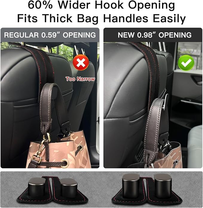 2Pcs Wide Car Headrest Hooks for Purses and Bags, 2026 Upgraded 0.98” Wide Opening for Thick Bag Handles, Premium Leather Car Seat Hanger with Dual Metal Hooks, WideFit Black