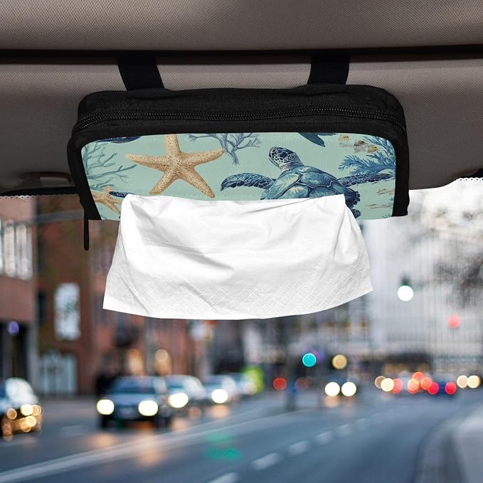 Car Visor Tissue Holder Mask Holder for Car, Car Tissue Box Sun Visor Napkin Holder Car Visor Accessories Adjustable Straps Reusable Durable Easy to Install Mint Green Sea Turtles Starfish