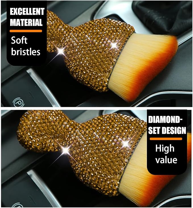 zipelo Auto Interior Dust Brush, Car Detailing Cleaning Brush with Diamond, Bling Handle Soft Bristles Dusting Tool, Scratch Free Dirt Clean Brushes for Vehicle Air Conditioner Vent (Light Brown)