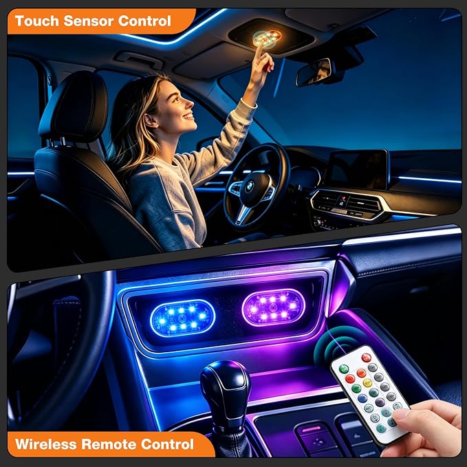 Magnetic LED Interior Car Lights, 8 Colors RGB Wireless Ambient Nightlight | USB Rechargeable Strobe Lighting with Remote & Touch Control, Vehicle Decor for Footwell Door Dash Glove Box – Car Truck SUV