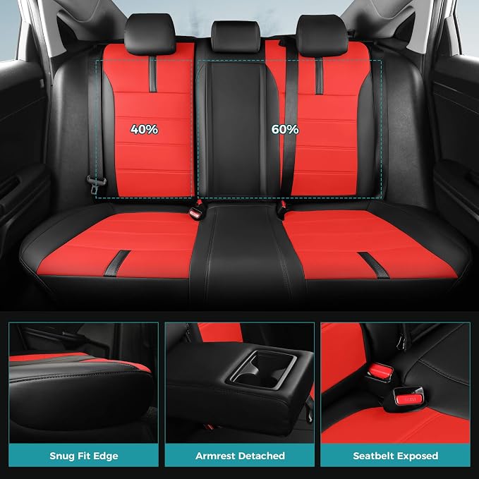 Seat Covers for Honda Civic Sedan EX-L, EX-T, EX, Touring, Sport 2016-2021, Faux Leather Car Seats Cover Full Set Waterproof Black Red (60/40 Split Seatback-with Rear Armrest)