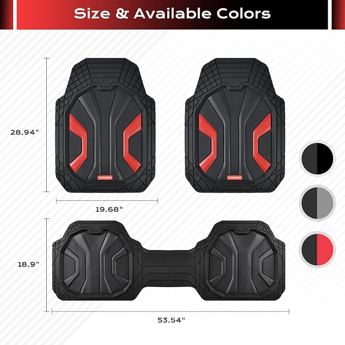 Coverado Car Mats Full Set, Car Floor Mats All Weather, Deep Dish Waterproof Floor Mat, Trim to Fit Automotive Car Mats, Universal Weather Mats for Cars SUV Trucks Sedans Vans (3Pcs,Black&Red)