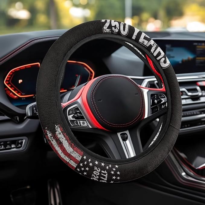 AFPANQZ Auto Steering Wheel Covers Comfort Anti-Slip Safety Stretch-on 14-15 inch, American 250 Years Print Easy Fix Machine Washable Steering Wheel Protection