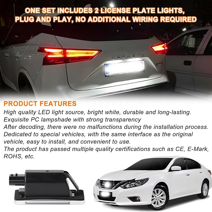 HZEL Car LED License Plate Light, 2PCS Vehicle Rear Tag Lamp Assembly, Automotive Tail Xenon Tag Lighting Kit Replacement Accessories Compatible with Altima Sentra Rogue Versa