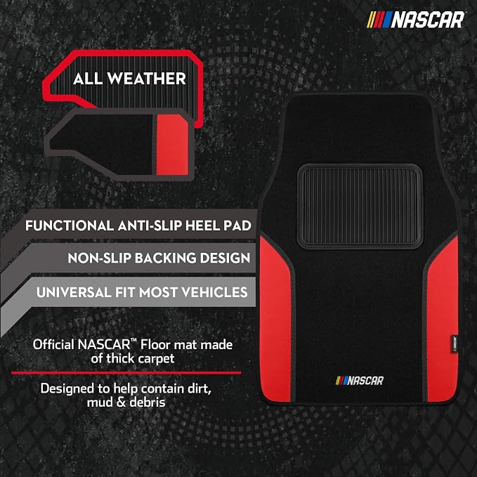 NASCAR Car Floor Mats, Carpet & Red Leather Design Car Mats, Universal-Fit All-Weather Car Floor Mats with Built-in Heel Pad & Anti-Slip Backing, Durable Odorless Automotive Interior Accessories