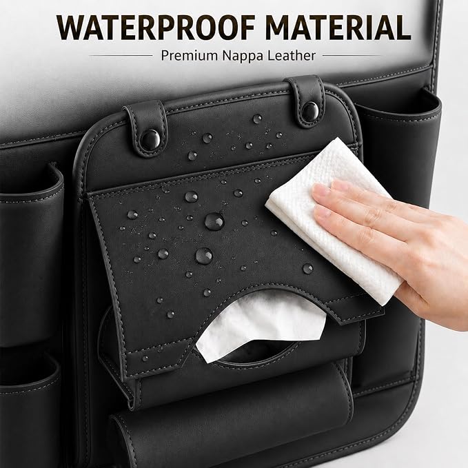 Backseat Car Organizer with Tray, 2 Pack Leather Seat Storage, Black | Foldable Tray Table,Tablet Holder,Trash Can Pocket,Kick Mat Protector,Easy-Clean Leather,2 Pack for Front Seats