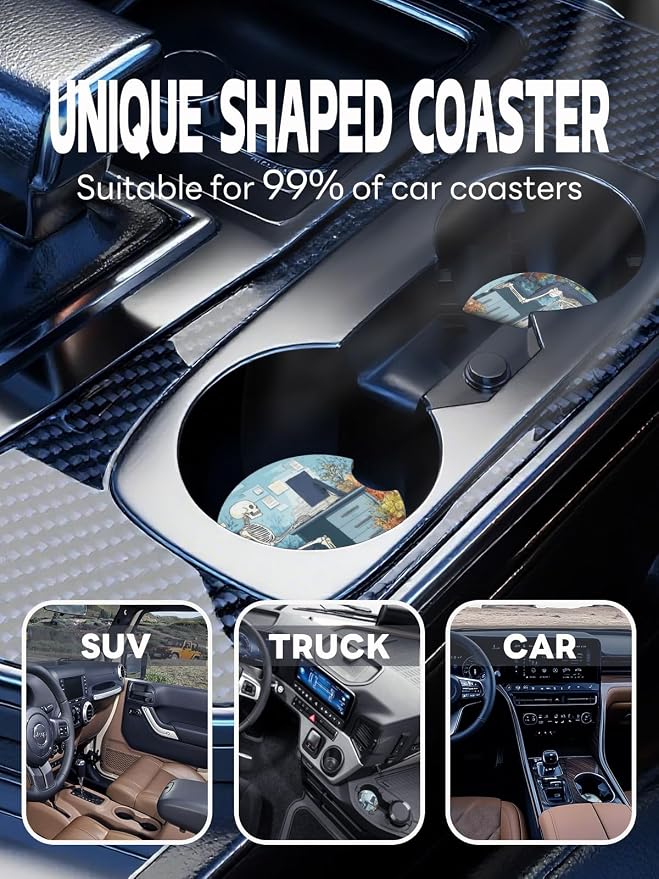 WOCOCN Car Coasters,Cup Holder Coasters for Car,2.75inch Anti Slip and Absorbent,Cute Automotive Interior Accessories for Cup Holder,Pack of 2 (Skeleton and Computer)