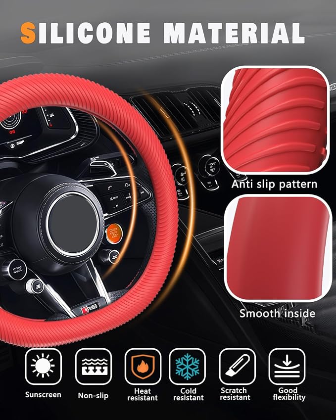 WOCOCN Car Steering Wheel Cover, Thin Anti-Skid Silicone Steering Wheel Cover for Men & Women, Universal Automotive Interior Accessories for Most Cars (Red)