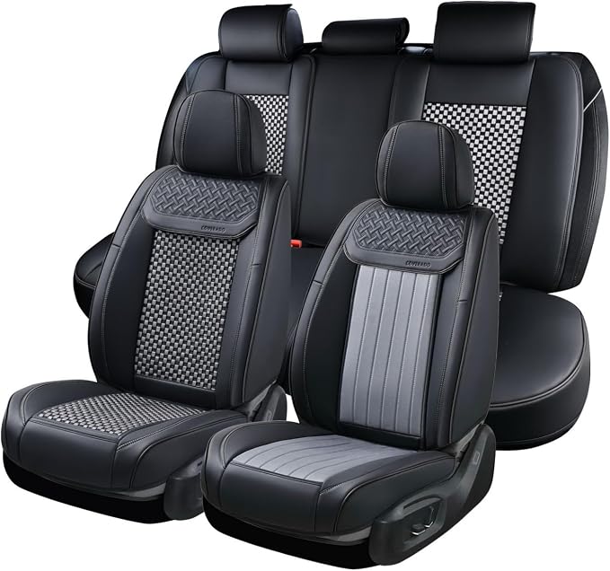 Coverado Leather Seat Covers for Car, Waterproof Car Seat Covers Full Set, 2 in 1 Conversions Car Seat Cover Protector Car Accessories Universal Fit for Most Cars SUVs and Trucks (Black&Gray)