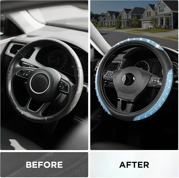 Road Comforts Pixel Glitter Steering Wheel Cover, 14.5–15 Inch Leather Steering Wheels Snug Fit, Anti-Slip Leather Grip, Elegant Sparkle Design, Universal Fit - Light Blue