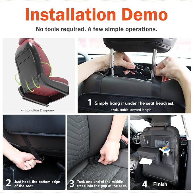 Multifunctional Car Seat Back Organizer with Large Tissue Box Holder, Large Water Bottle Storage, Phone Pouch, Kick Mat Protectors for Road Trips. (Black)